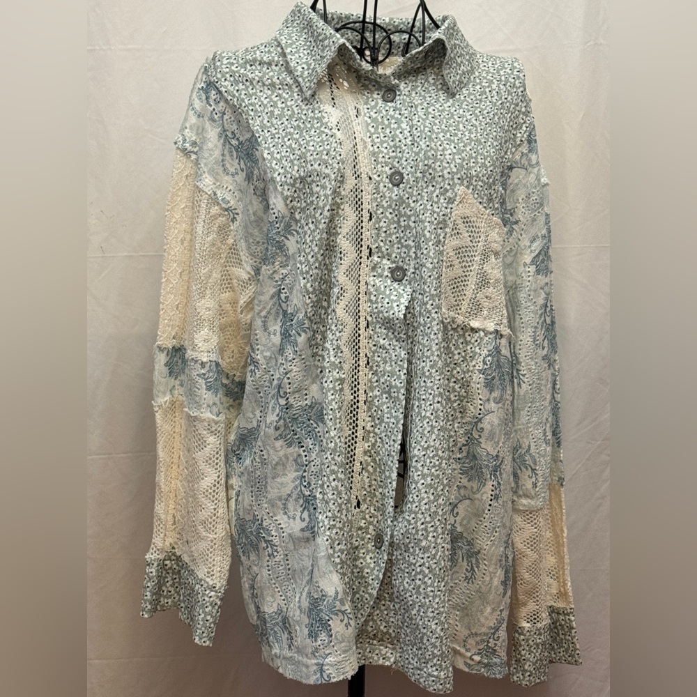 34B - POL Lace Overlay Top in Cream and Blue
